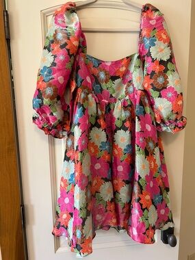 Storia Pink Multi Floral Puff-Sleeve Babydoll Style Dress with Square Neck
